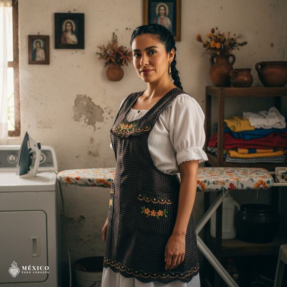 Brown Mexican Embroidered Apron – Essential Cotton Kitchen Apron Floral Design - Picture 3 of 9